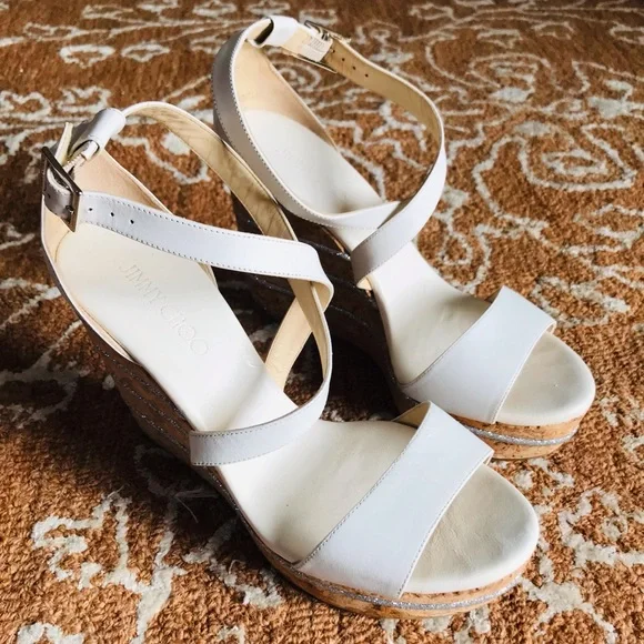 Jimmy Choo Optic White Vachetta Leather Portia 120 Silver Cork 10/EU 40 - Picture 9 of 14